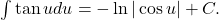 \int \tan u du = - \ln | \cos u | + C .