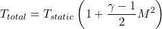 \begin{equation*}T_{total} = T_{static} \left( 1 + \frac{\gamma - 1}{2} M^2 \right)\end{equation*}