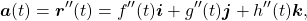 \begin{equation*}\boldsymbol{a}(t) = \boldsymbol{r}^{\prime\prime} (t) = f^{\prime\prime}(t) \boldsymbol{i} + g^{\prime\prime}(t) \boldsymbol{j} + h^{\prime\prime}(t) \boldsymbol{k} ,\end{equation*}